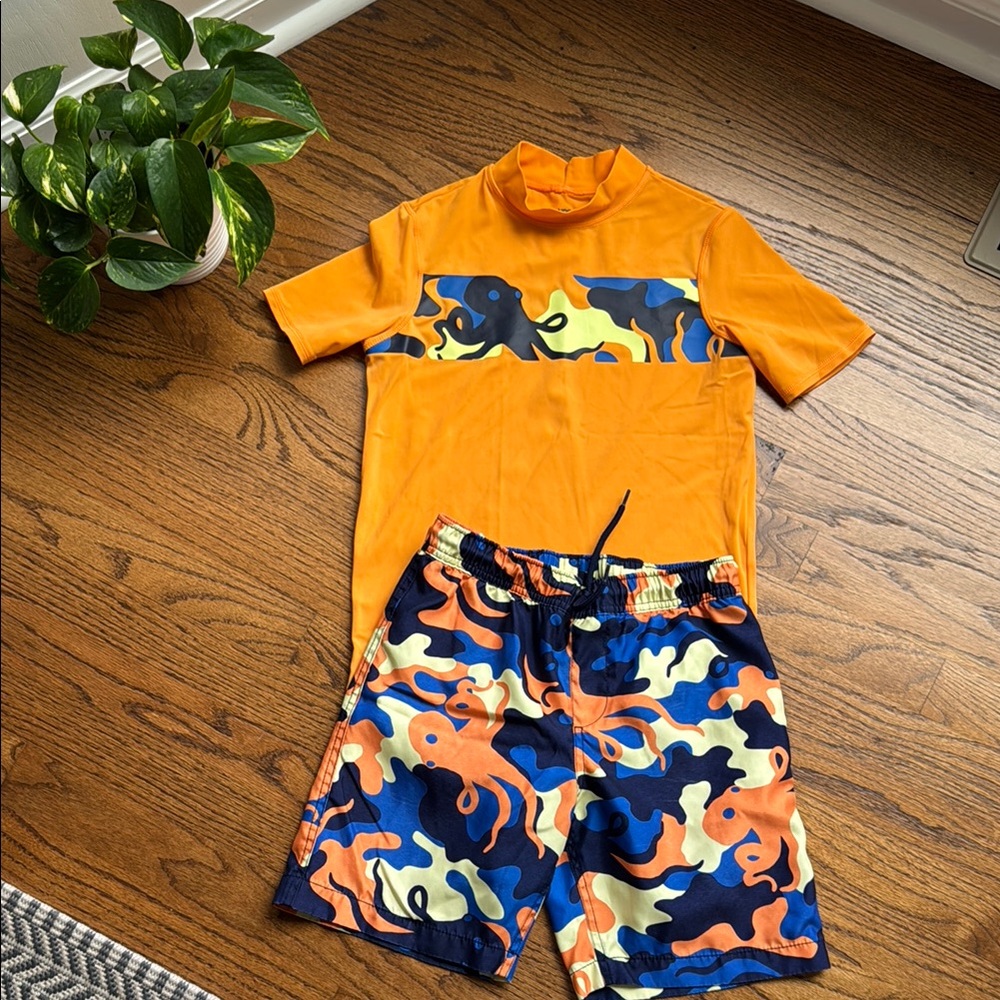 Boys gently loved Lands' End Orange and Blue Swim trunks and rash guard set